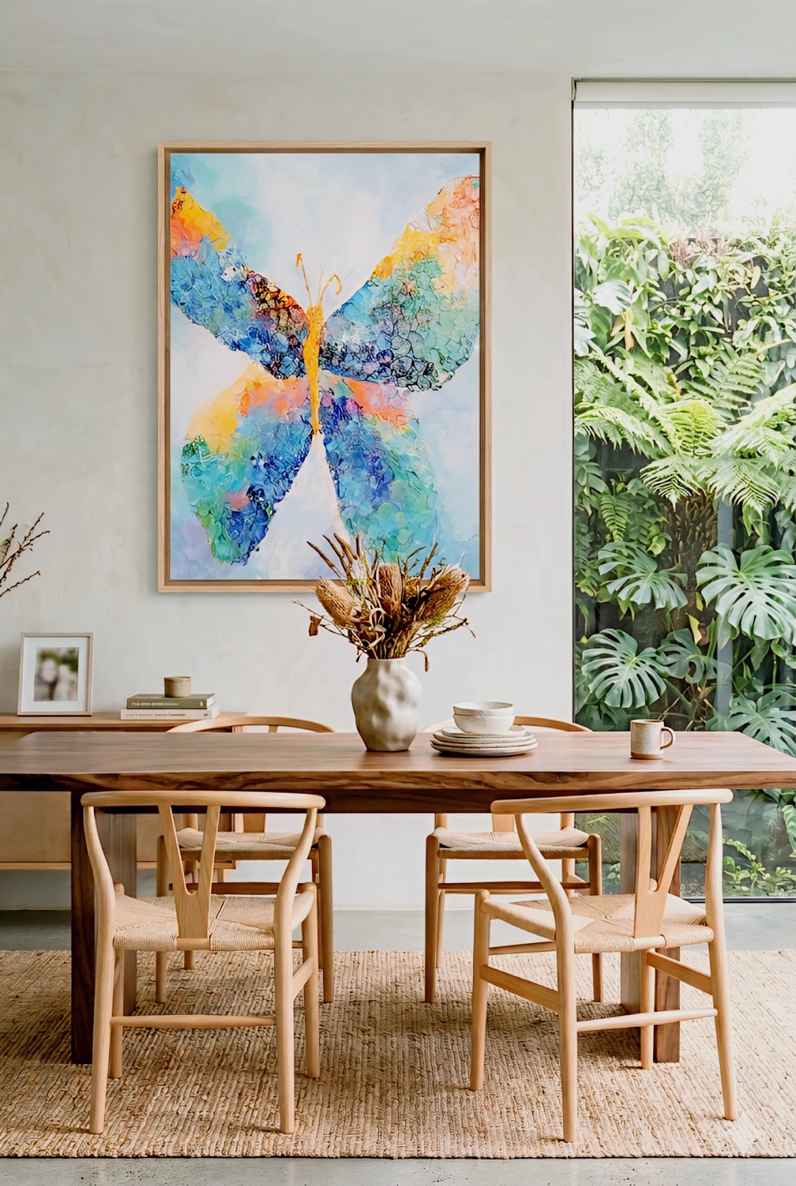 Colorful abstract butterfly wall art framed above modern wood dining table with woven chairs, neutral decor, and large window view, vibrant printable artwork focal point