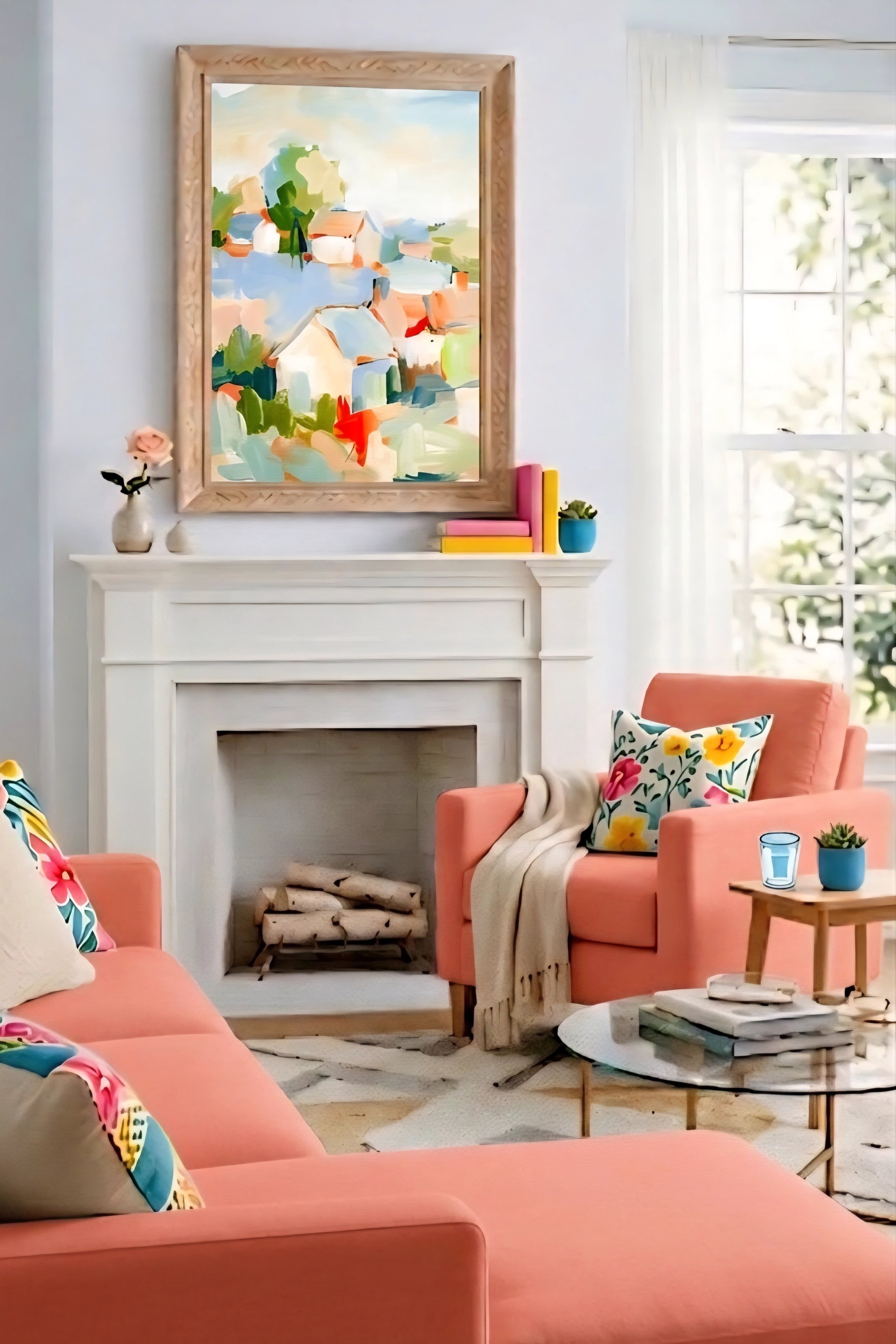 Abstract coastal village painting in soft pastel tones displayed in a light wood frame above a white fireplace, styled in a bright living room with coral seating, floral accents, and airy modern decor.