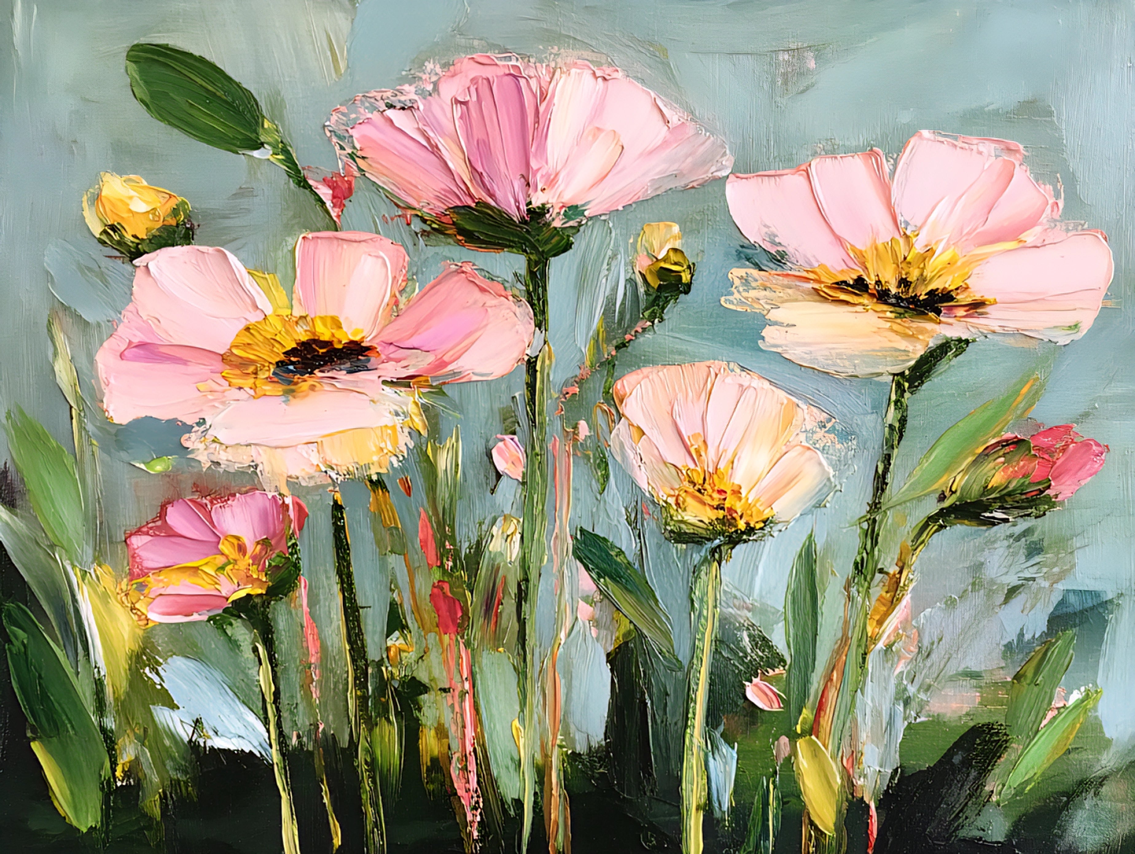 Painting of pink flowers with green leaves on a textured background