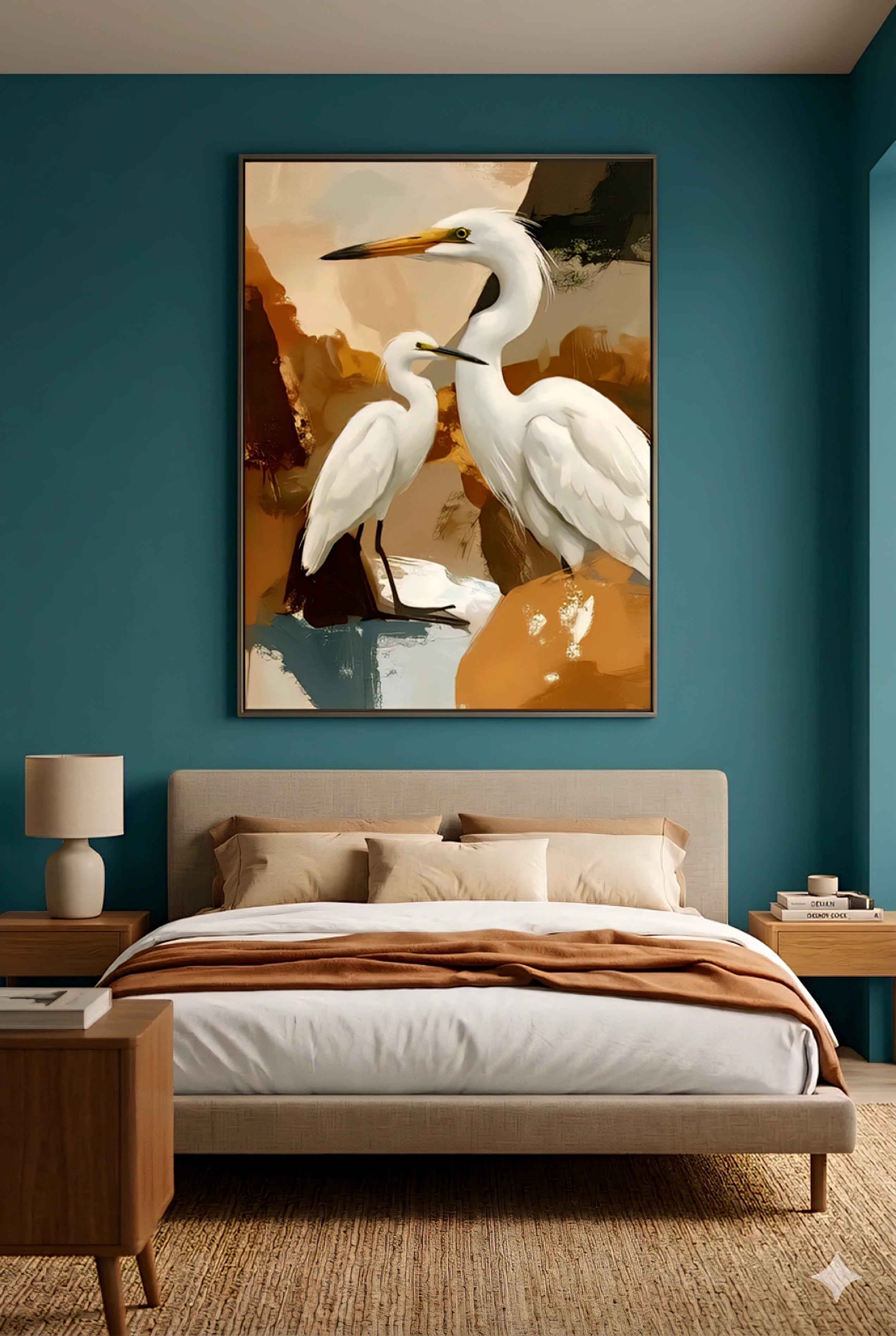 Savvy Places coastal bird wall art featuring white herons styled above a bed against a bold teal accent wall in a modern bedroom..