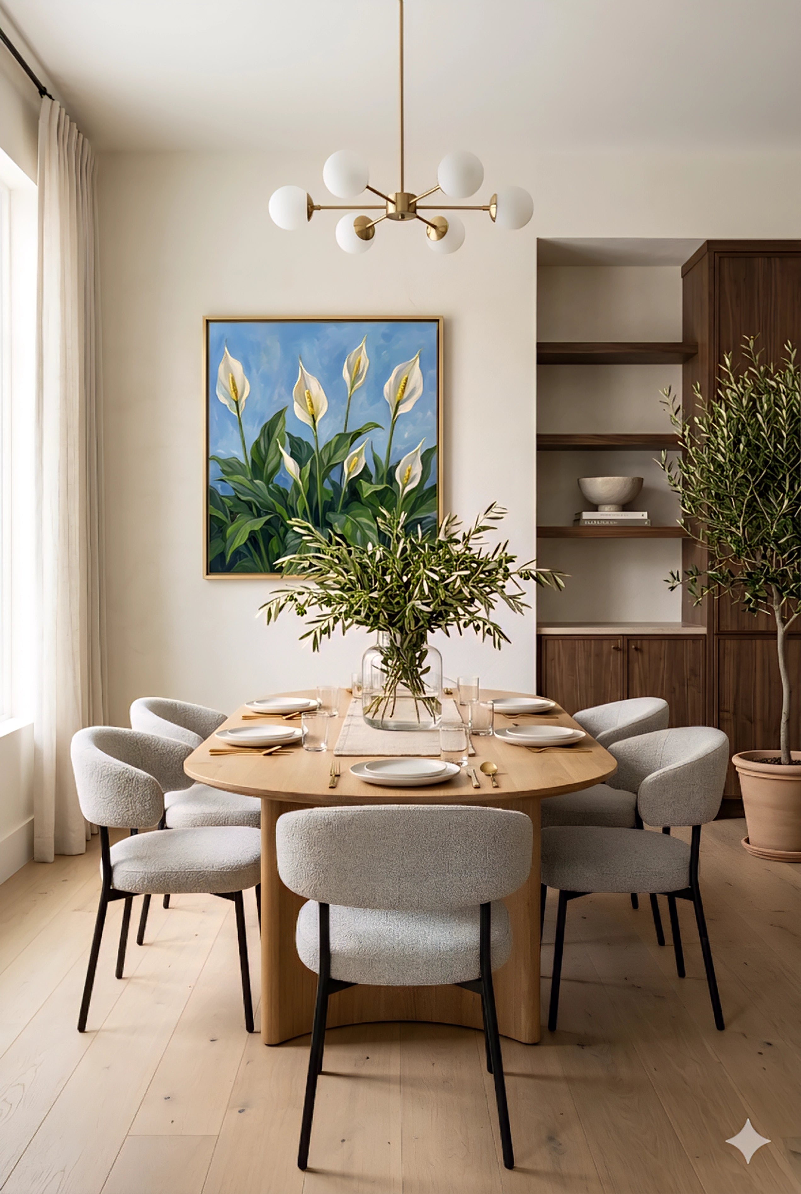 Framed peace lily botanical wall art with white blooms and green leaves on a blue background styled in a modern dining room, elegant printable decor digital download