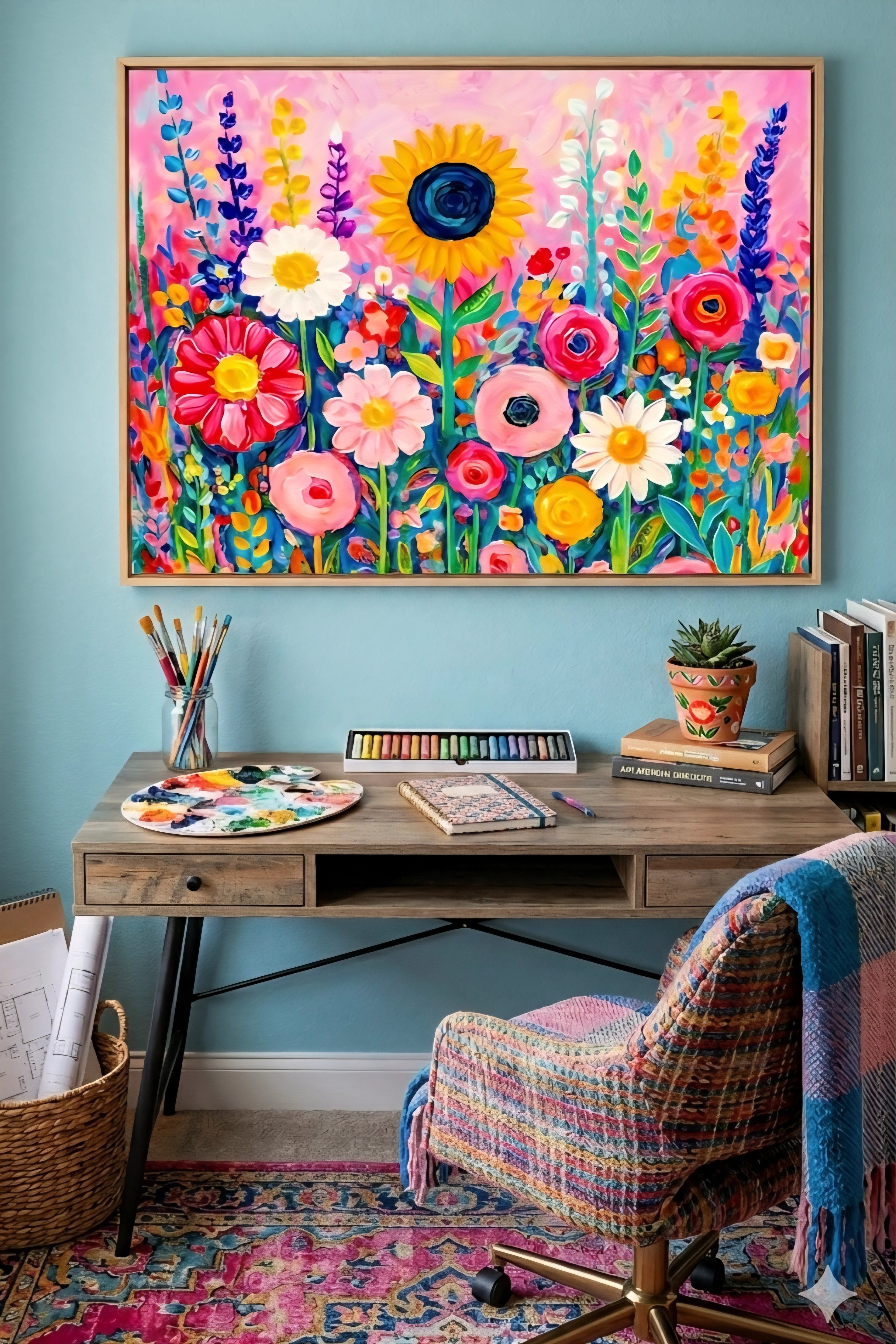 Colorful floral wall art printable in wood frame above desk, featuring vibrant wildflowers and sunflower on pink abstract background in creative home office