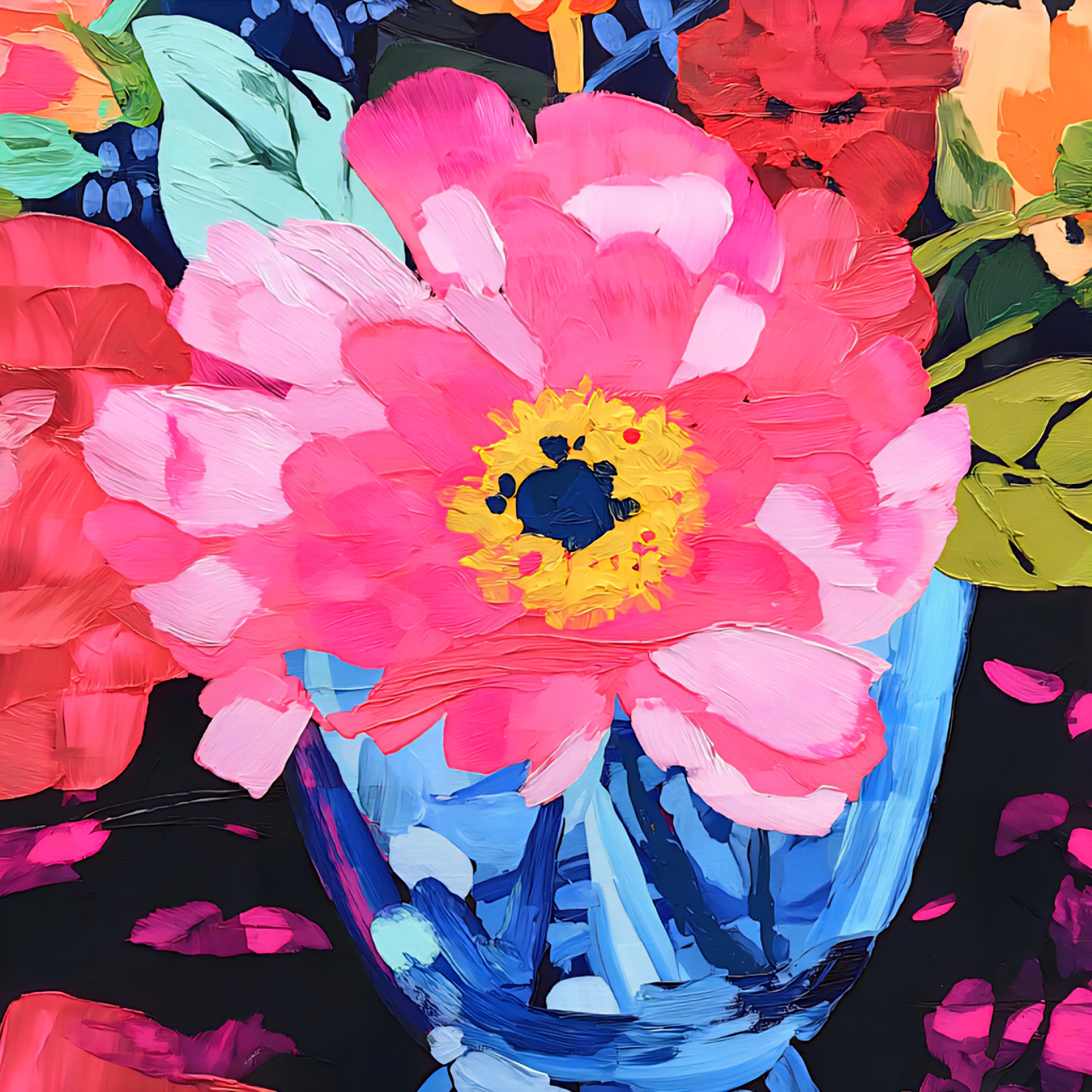 Colorful floral arrangement with a blue vase on a black background