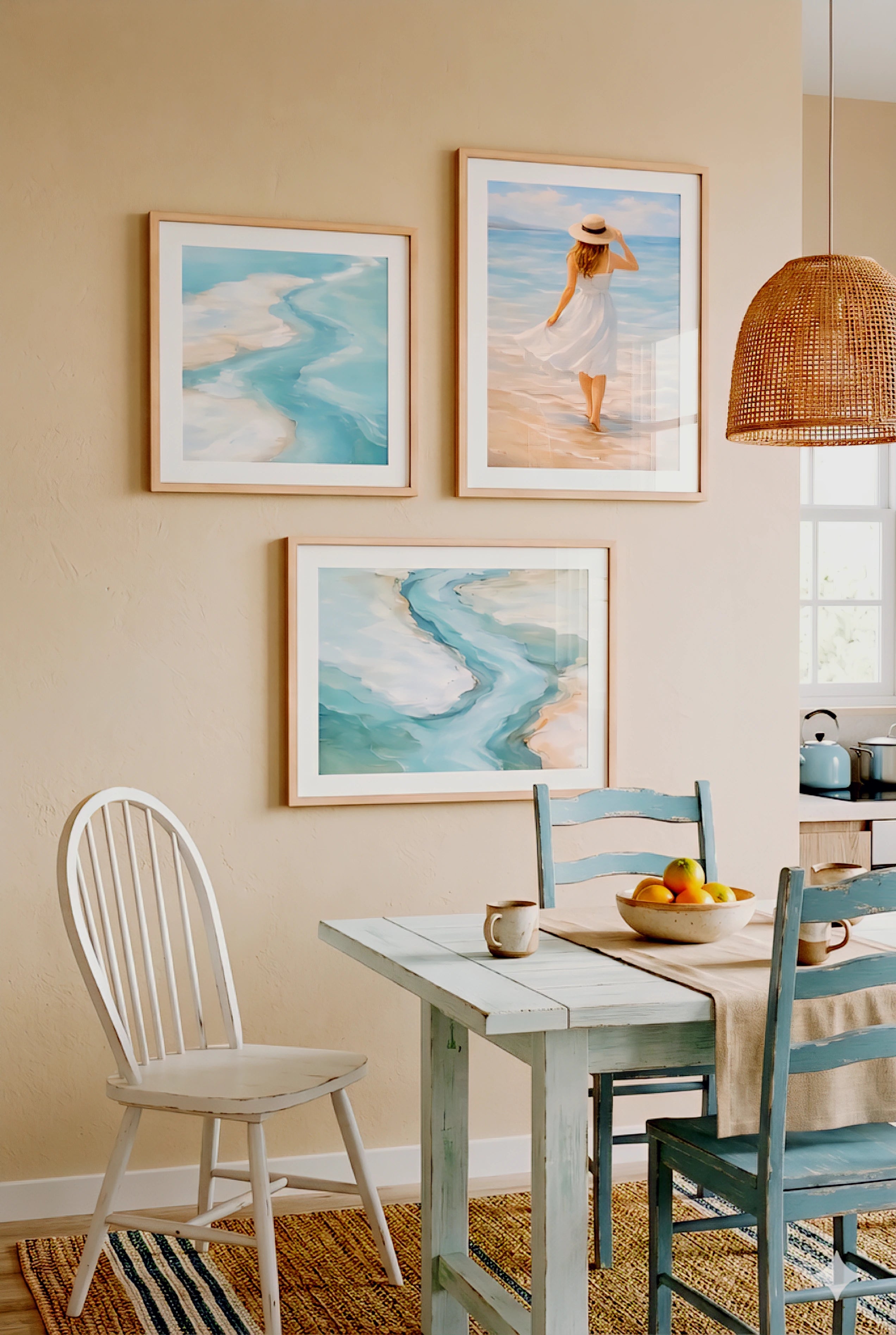 Set of 3 coastal wall art prints featuring soft ocean waves and beach scene, neutral beach house decorinspo for airy living room, dining room or bedroom printable artwork