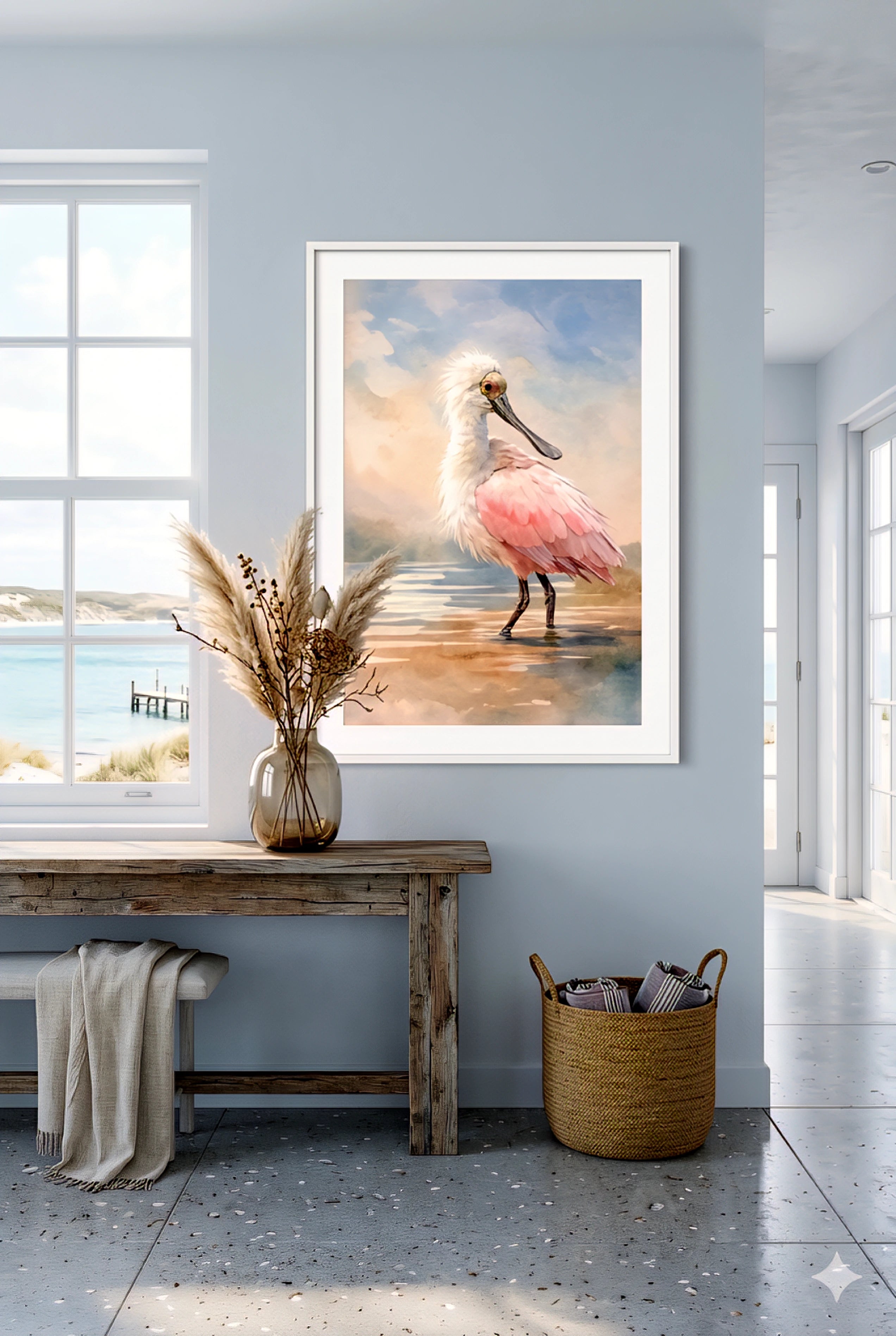 Framed artwork of a pink spoonbill bird on a beach wall in a room with a wooden bench and window.