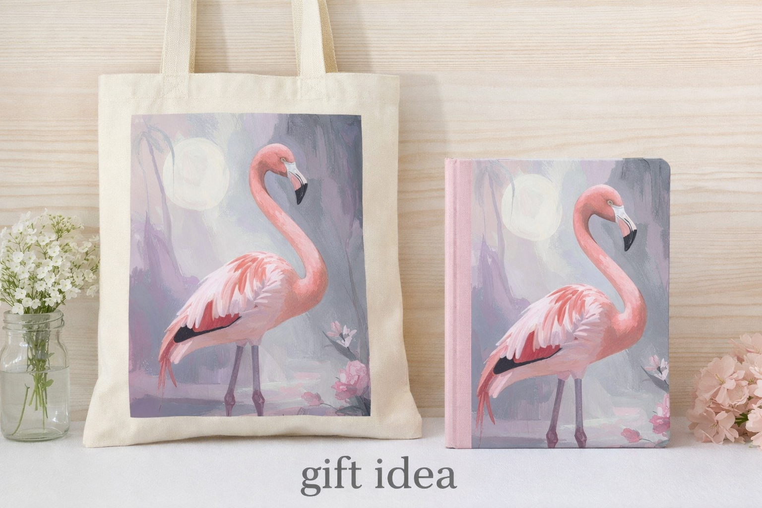 Flamingo art on canvas tote and notebook styled as soft blush gift set.