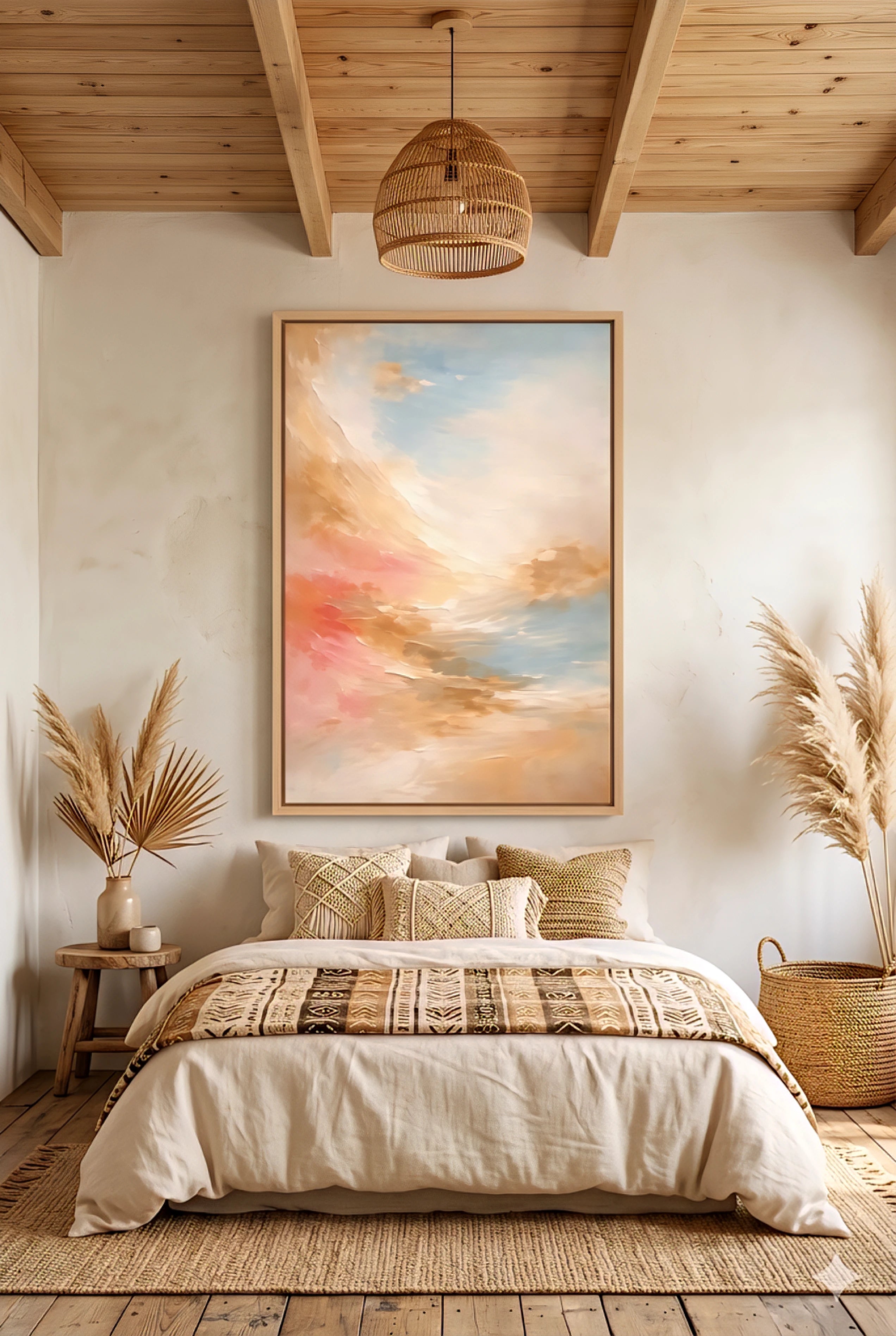 Boho coastal bedroom with coral and blue abstract DIY wall art above bed, warm neutral tones, textured bedding, pampas grass, and natural wood accents
